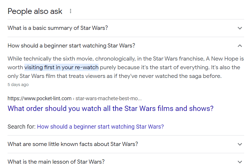 Clicking on a PAA about Star Wars
