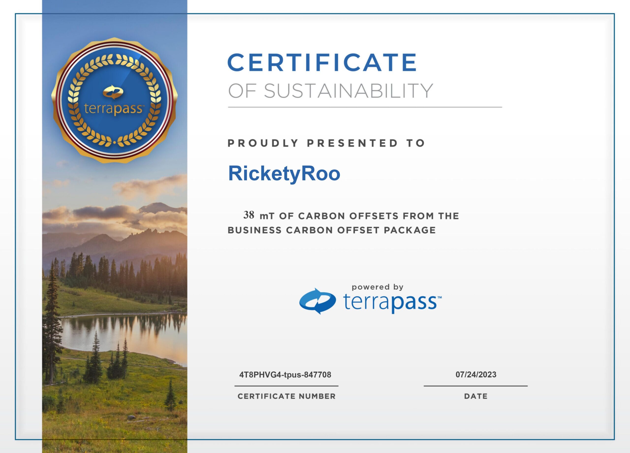 terrapass Certificate of Sustainability presented to RicketyRoo for 38 mT of carbon offsets