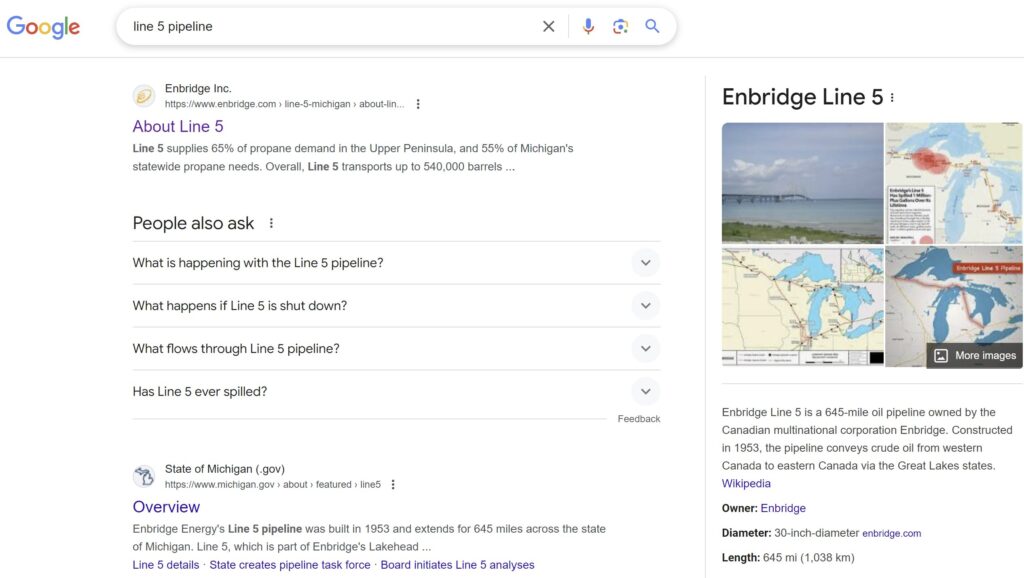 Google SERP of 'line 5 pipeline'
