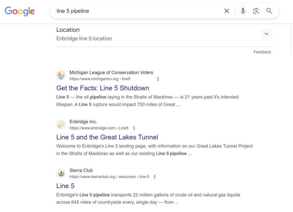 Results 3 and 4 of Google SERP of 'line 5 pipeline'