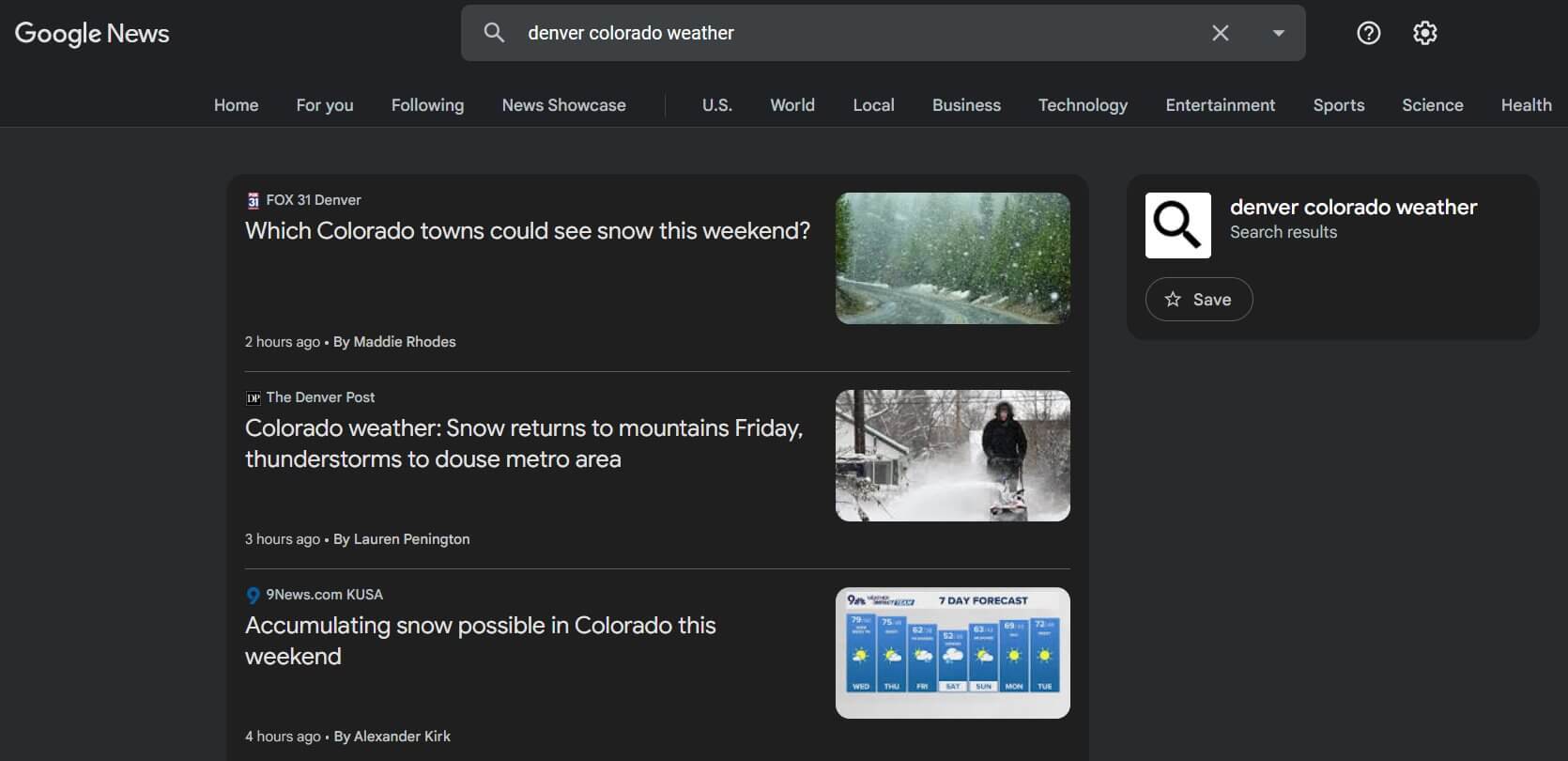 Google News snapshot of Denver Colorado weather stories