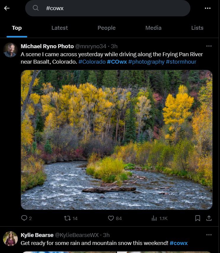 Hashtags in use on X social media platform highlighting Colorado weather